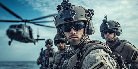  A group of Navy SEALs in full tactical gear standing near a helicopter, exuding strength and precision in a military operation setting.