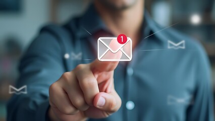 New email notification interaction concept. A person interacting with a floating digital interface showing a new email notification symbol, a concept for online communication. E-mail marketing