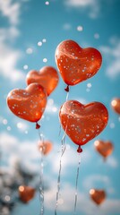 Flying heart shaped balloons in the sky
