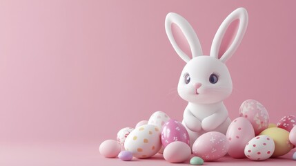 Cute bunny with colorful easter eggs on pastel pink background