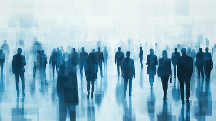 Abstract digital business team concept with people silhouettes in blue and gray colors on a white background A group of businesspeople standing together, working as a collaborative team Generative AI