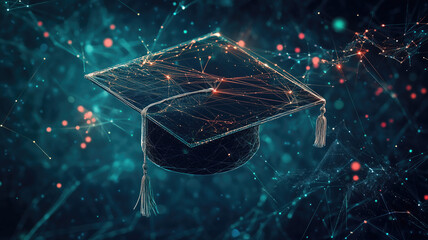Abstract digital art of an open graduation cap made from glowing lines and dots, floating above a network grid on a dark blue background, power to shape your future through education Generative AI
