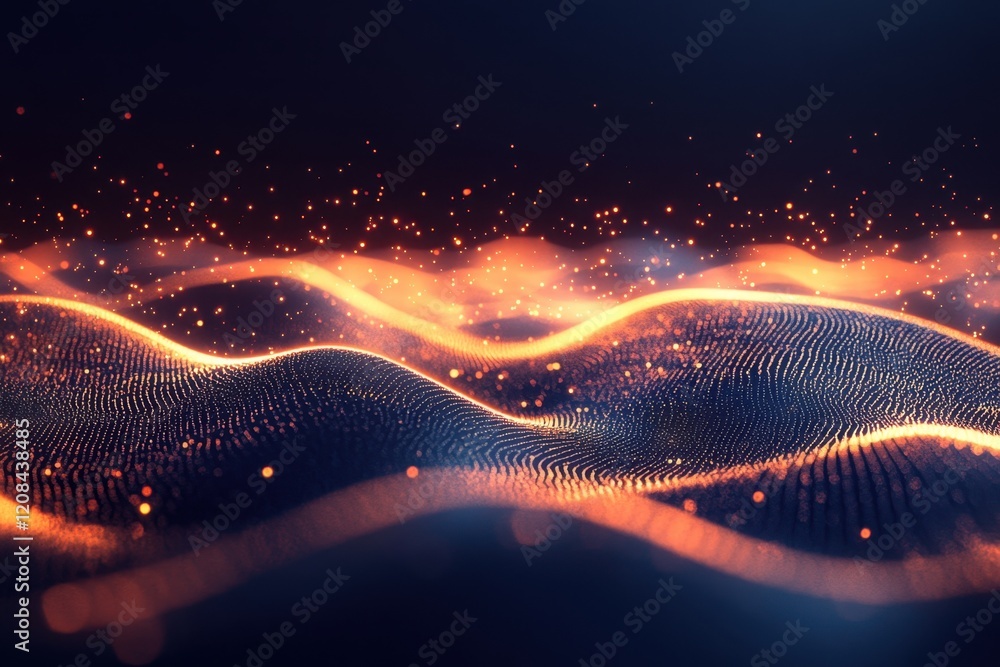 Poster dynamic glowing waves with sparkling particles in a dark environment