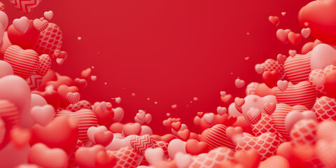 Valentines day background with many red textured flying hearts with blur effect. Romantic love backdrop. 3d Redner illustration