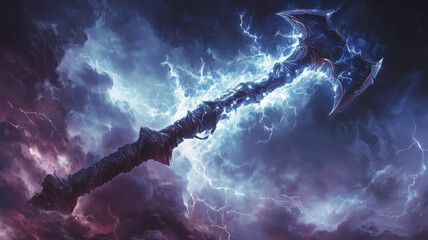 ad&d magic item: one handed battleaxe storm slayer. crackling with energy