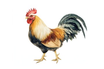 Colorful rooster stands proudly, showcasing vibrant plumage and