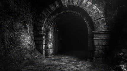Obraz premium Mysterious ancient stone tunnel entrance with arched structure in monochrome