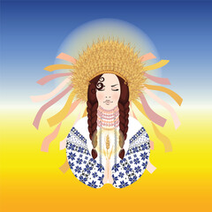 Woman dressed in the national embroidered Ukrainian costume and a wreath of wheat ears, prays, Traditions and culture of Ukraine