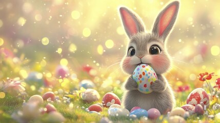 Cute bunny holding colorful easter egg in spring meadow