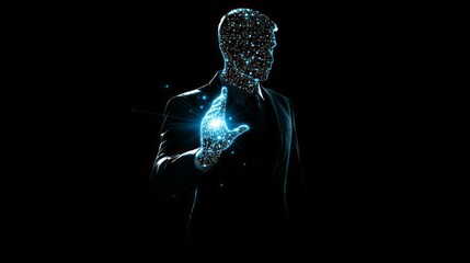 A 3D hologram of a man in a suit with a glowing hand against a black background, a futuristic concept of virtual reality and digital technology.