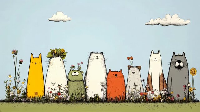 Funny cats and frog waving paws in a meadow