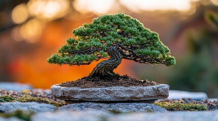 Miniature bonsai tree in a stone pot, outdoors at sunset.