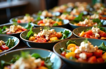Obraz premium Many small teal colored bowls full of salad. Salad consists of fresh tomatoes, various sizes of vegetables. Small chunks of white cheese on top of salad. Food prepared for meal event, looks