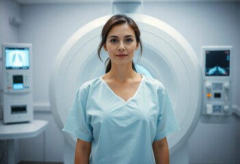 Adult female patient stands inside an X-ray machine in a hospital radiology room, preparing for her medical examination or surgery.