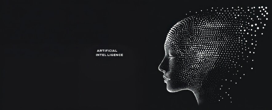 Black background, white dots of different sizes forming the shape of an artificial intelligence head with text "ARTIFICIAL INTELLIGENCE" Generative AI