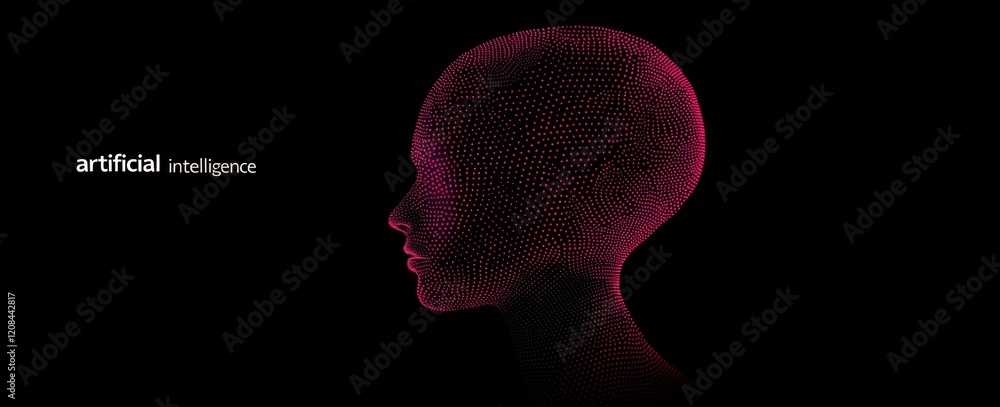 Aufkleber abstract illustration of a head and brain made from glowing dots on a black background, with the tex