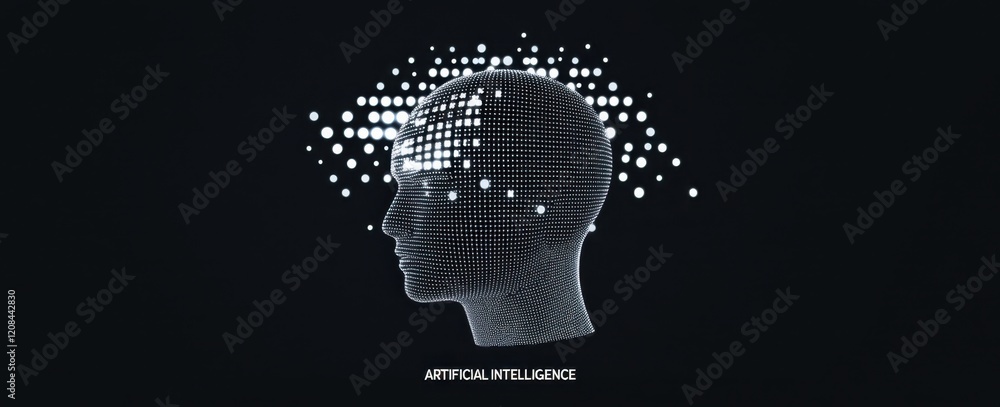 Poster white dots on a black background forming the shape of an ai head with the text 