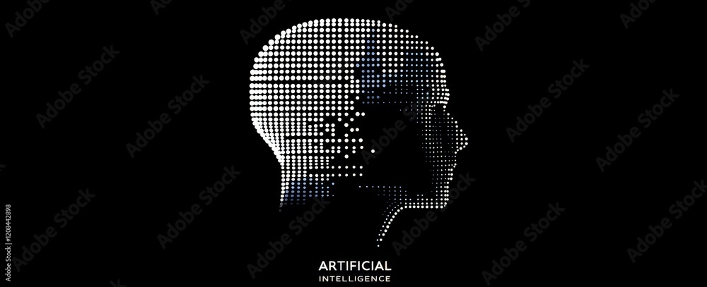 Poster white dots on a black background forming the shape of an ai head with the text 