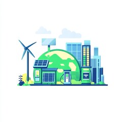 Obraz premium Green planet Earth with green buildings, wind turbines, and solar panels vector illustration on a white background