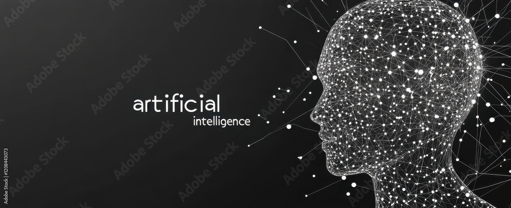 Poster black background, simple white dots in the shape of an abstract head with the words 