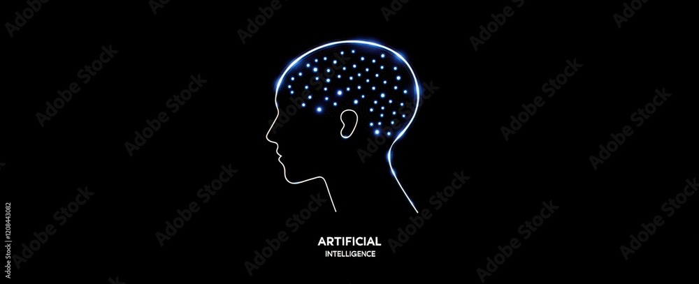 Poster white glowing dots in the shape of an outline head, text 