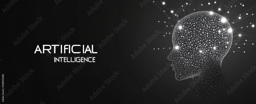 Poster white glowing dots forming the shape of an artificial intelligence head on a black background with t
