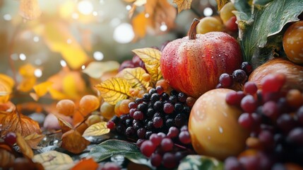 Close-up of fresh autumn fruits and leaves with dew drops