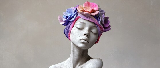 Naklejka premium Serene woman with closed eyes wearing a colorful floral head wrap, artistic portrait with a concept of beauty, peace, and tranquility