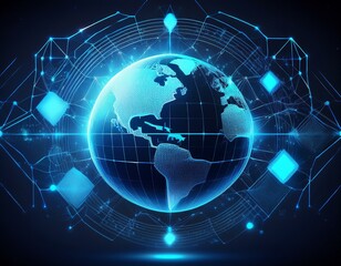 Fototapeta premium a glowing blue digital globe surrounded by geometric shapes against a dark background