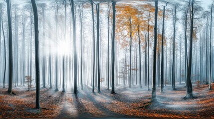 Mystical foggy forest with sunlight filtering through autumn trees