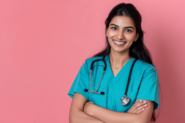 A woman in a blue scrubs shirt is smiling and holding her arms crossed