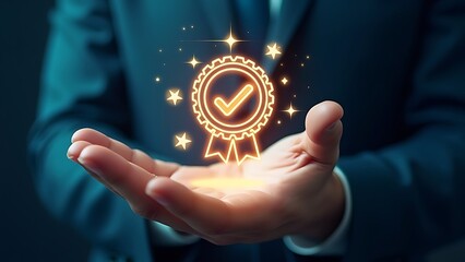 business people showing ideas warranty, international standard, ISO quality certification and quality guarantee mark,Excellent accreditation in the industry,Certified product symbol