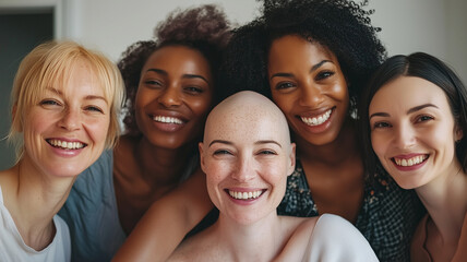 A group of women with different hair colors and one woman has a bald head