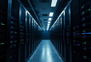 A dark data center features numerous operational server racks, showcasing a high-tech environment with illuminated lights.