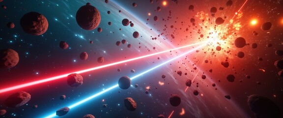 Epic space battle unfolds with intense laser beams, explosions. Futuristic ships fight in outer space among asteroids. Red, blue laser beams collide in conflict between alien ships. Vast galaxy