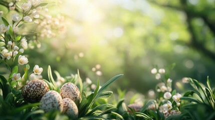Easter celebration background with natural eggs and spring blossoms in sunlight