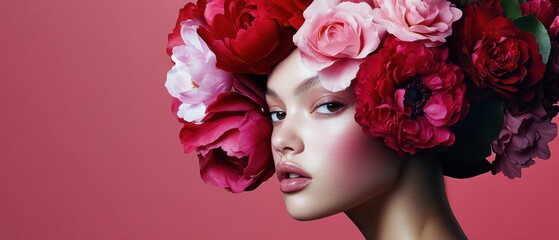 Beautiful young biracial woman with pink and red flowers in her hair, posing against a solid pink background Concept of beauty, fashion, and floral elegance