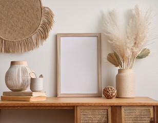 wooden desk in a room with boho style white natural colors on the wall a mockup frame for pictures