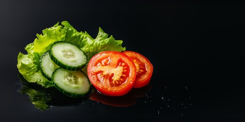 Fresh cucumber, tomato, and lettuce slices on a dark background. Copy space