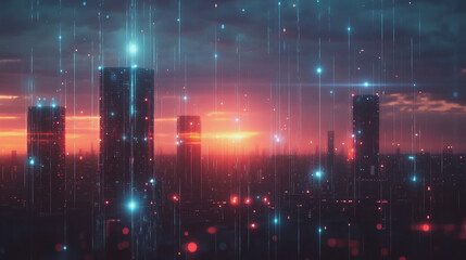 Smart digital Innovation city with connection network reciprocity over the cityscape. of future smart wireless digital city and social media networking systems that connects people with in city