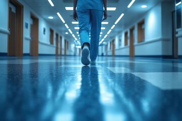 Limited access to quality healthcare treatment symbolized by a lone healthcare worker in a corridor