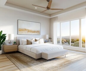 Contemporary master bedroom with soft neutral tones, a large rug, and a golden sunset view through the windows