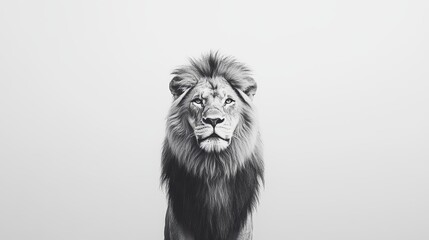 Majestic male lion portrait in black and white on minimalist background