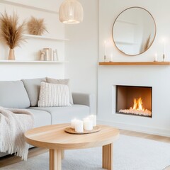 Fototapeta premium Cozy living room with a modern fireplace, Scandinavian interior design of a small home office with no people, soft, warm lighting from candles