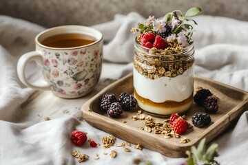 calm and inviting composition of jar breakfasts layered with creamy yogurt, granola, and a drizzle of honey, topped with fresh berries and edible flower petals