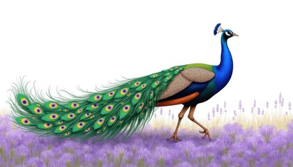 Naklejka premium A wild peacock bird walking through a field of purple flowers. Peacocks, baby peacock wallpaper