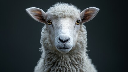 Obraz premium A sheep with a white face and brown eyes is staring at the camera