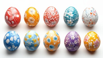 Colorful handmade easter eggs with floral patterns for spring decoration