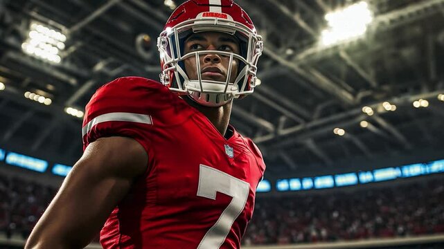 Football player in red uniform prepares for game in indoor stadium illuminated by bright lights