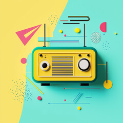 Obraz premium Retro-Radio in lebhafter Farbkulisse mit geometrischen Formen